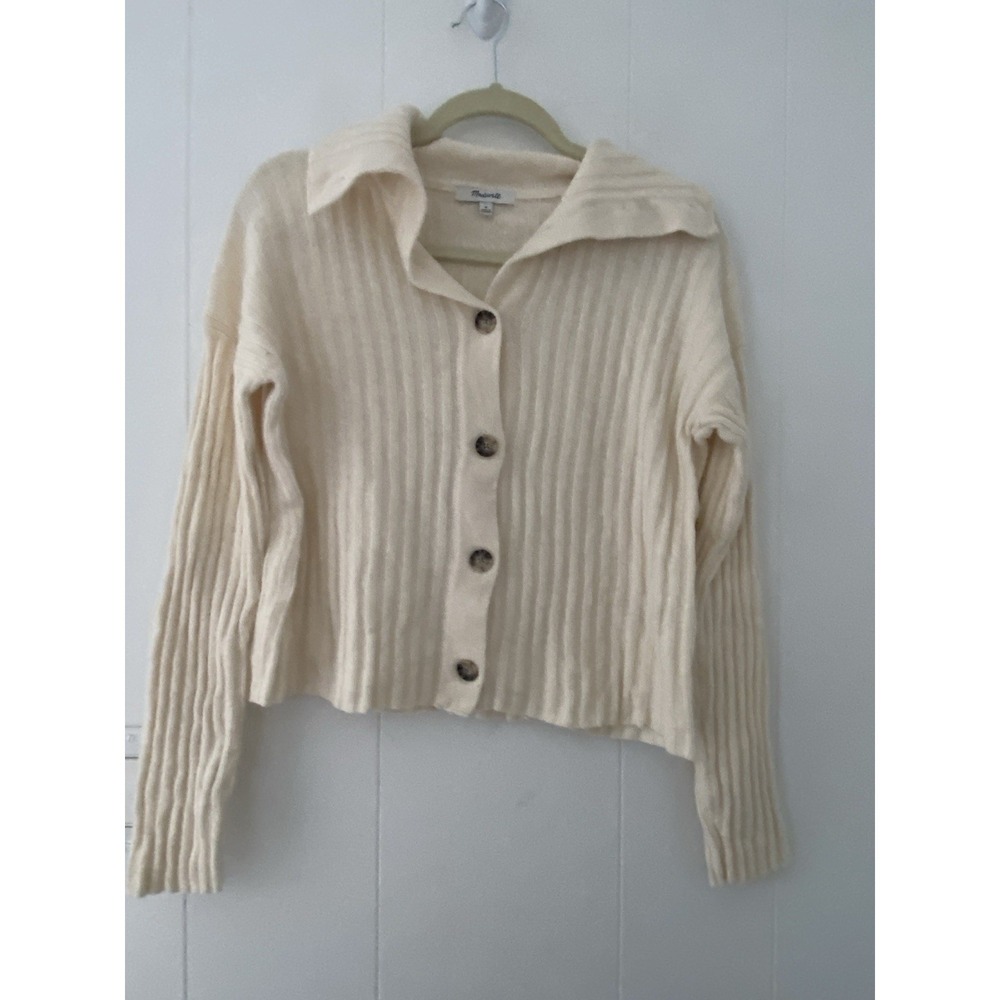 Madewell Ribbed Button‎ Cardigan Sweater Ivory/Cream Wool Blend Women's Size M